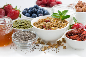 foods for healthy nutrition and breakfast on white table
