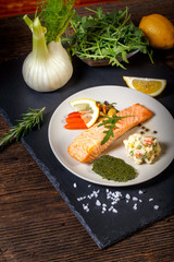 grilled Salmon with lemon, herbs and pesto