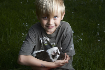 Child Boy holding a guinea pig