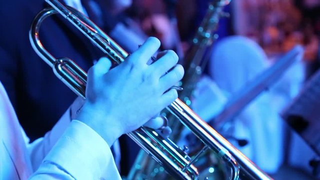 Close up of male hands of professional caucasian musician playing musical instrument at party or concert.  