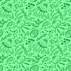 Vector seamless pattern with doodle marine underwater life