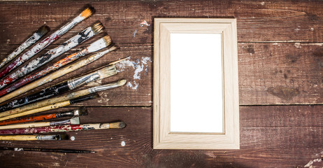 Fototapeta premium Photo frame in dirt wood decorating