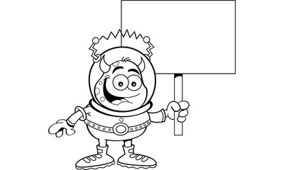 Black and white illustration of a space alien holding a sign.
