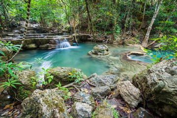 Huey Maekamin waterfall during summer season that has less water, This place located in Kanchanaburi province of Thailand.