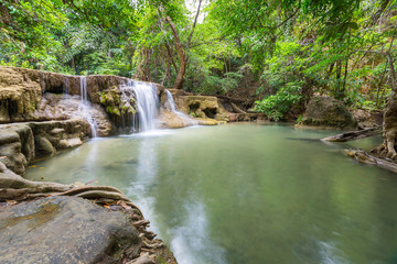 Huey Maekamin waterfall during summer season that has less water, This place located in Kanchanaburi province of Thailand.