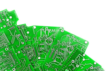 A lot of green PCB on a white background