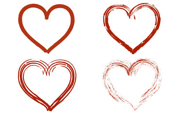 Four red brushed hearts, isolated over a white background.