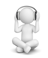 3d Männchen hört Musik mit Kopfhörern..Das Männchen entspannt sich mit Meditation.