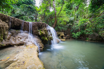 Huey Maekamin waterfall during summer season that has less water, This place located in Kanchanaburi province of Thailand.