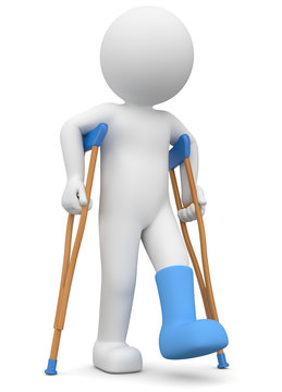 3d M&auml;nnchen mit Beinbruch -  Gips auf Kr&uuml;cken laufen.