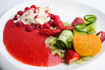 Strawberry minestrone dessert on white plate