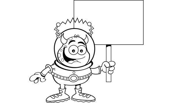 Black and white illustration of a space alien holding a sign.