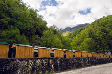 Fototapeta premium small houses in mountain green forest