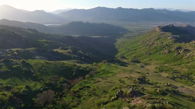 Aerial shot of beautiful scenery near town of Prilep and Treskavec monastery in Macedonia.