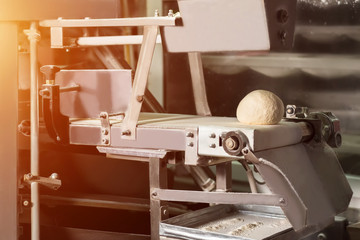 Bakery production. Dessert factory. Workshop for production of bread. Buns on the conveyor. Conveyor line for the production of bread.