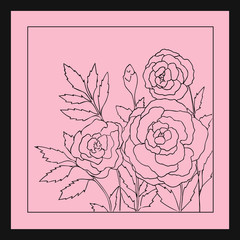 Beautiful roses isolated on soft pink background. Hand drawn vector illustration with flowers. Romantic retro floral card. Romantic delicate bouquet. Element for design. Contour lines and strokes. 