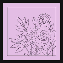 Beautiful roses isolated on light purple background. Hand drawn vector illustration with flowers. Lilac retro floral card. Romantic delicate bouquet. Element for design. Contour lines and strokes. 