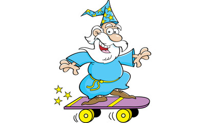 Fototapeta premium Cartoon illustration of a wizard riding a skateboard.