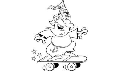 Black and white illustration of a wizard riding a skateboard.