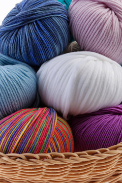 Basket full of colorful wool yarn balls