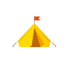 Camping tent icon vector isolated on white background, yellow tourist camp tent illustration flat cartoon design, campground hiking adventure sport dome shelter awning  - obrazy, fototapety, plakaty