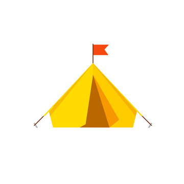 Camping tent icon vector isolated on white background, yellow tourist camp tent illustration flat cartoon design, campground hiking adventure sport dome shelter awning 