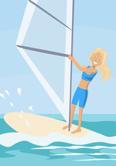 cartoon girl learning windserfing