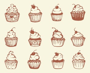 Hand drawn cupcakes. Vector illustration