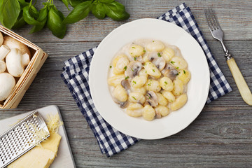 Portion of gnocchi with mushroom sauce and cheese.
