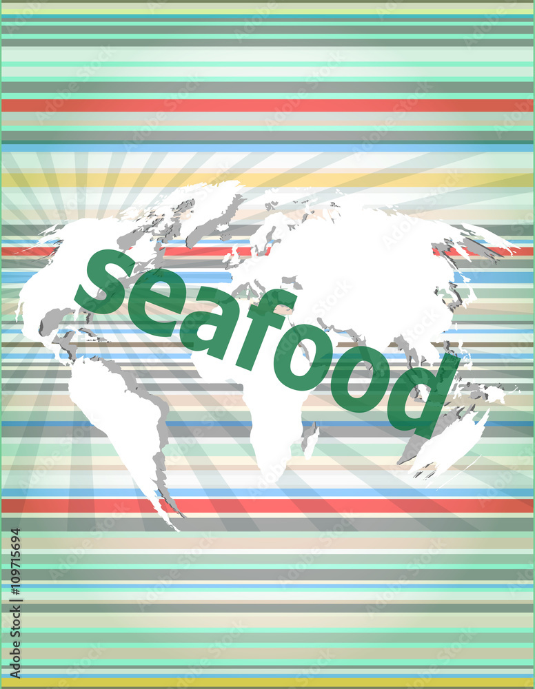 Poster seafood word on a virtual digital background vector quotation marks with thin line speech bubble. co