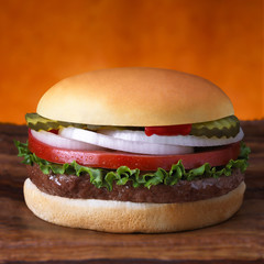 Hamburger with onions, tomato, pickle and lettuce