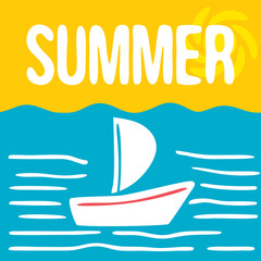 The waves and the ship under sail. Retro greeting card. Flat style illustration.