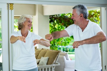 Fototapeta na wymiar Senior couple exercising at home