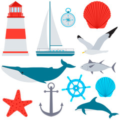 Obraz na płótnie Canvas Sea set. Ship, anchor and fish. Vector illustration