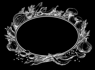 Center oval frame empty for text around it are spices, herbs, condiments, vegetables hand drawn strokes and lines, design for menu restaurants, cafes, bistros, vector white lines on a black, inversion