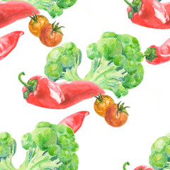 Watercolor seamless pattern with red pepper, broccoli and tomato on a white background