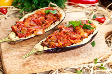 Cooked Eggplant and stuffed with vegetables.