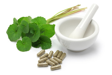 gotu kola, asiatic pennywort, centella asiatica, medicine capsule, mortar and pestle