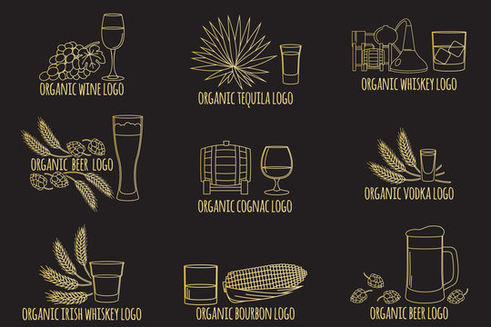 Elements on the theme of the restaurant business.  Logo, branding,  badge organic alcohol  drinks symbol. Vector illustration.