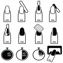 Gel and hybrid  nails preparation process, lacquer up, and protection process under uv and led lamp icon set in black and white
