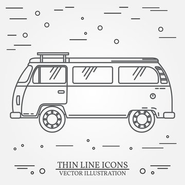 Travel bus family camper thin line. Traveler truck tourist bus outline icon. RV travel bus grey and white vector pictogram isolated on white. Summer bus family travel concept. Vector illustration.