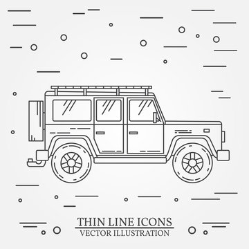 Jeep thin line.  Jeep travel grey and white vector pictogram isolated on white. Summer family travel concept. Vector illustration.