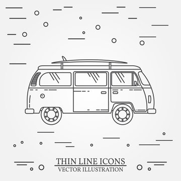 Travel bus family camper with surf board thin line. Traveler truck tourist bus outline icon. RV travel bus grey and white vector pictogram isolated on white. 