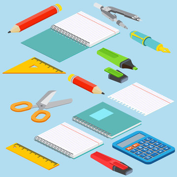 Isometric illustration on a blue background with the image ruler, calculator, markerpen, pencil, pen, pencil, scissors, pair of compasses and open notepad. Vector illustration.