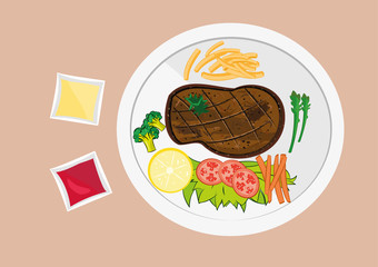 vector illustration of grilled meat steak with french fries ,vagetable and ketchup on white plate top view.eps 10