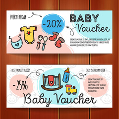 Vector set of discount coupons for baby goods. Colorful doodle discount voucher templates. Baby accessories and clothes promo offer cards.