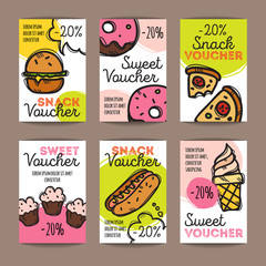 Vector set of discount coupons for fast food and desserts. Colorful doodle style discount voucher templates. Snack promo offer cards.
