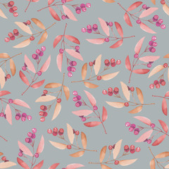 Seamless pattern with the red and orange berries, hand drawn in a watercolor on a grey background, background for your card and work, hand drawn in a pastel