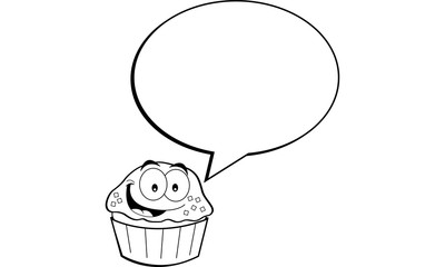 Black and white illustration of a cupcake with a caption balloon.