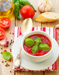 Tomato Gazpacho - cold soup of pureed raw vegetables - tomatoes, cucumbers, peppers, garlic and spices with olive oil. Dish of Spanish cuisine. The Mediterranean diet

